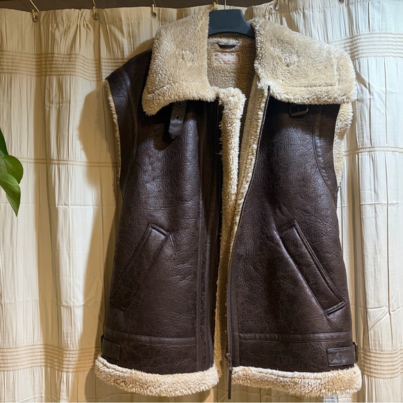 We The Free Brown Faux Leather Shearling Vest with Cream Trim - Picture 3 of 5